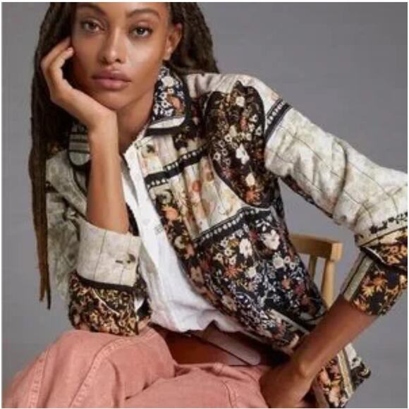 Anthropologie Quilted Patchwork Jacket Womens XS Cream Black Floral Boho Shacket - Picture 1 of 14